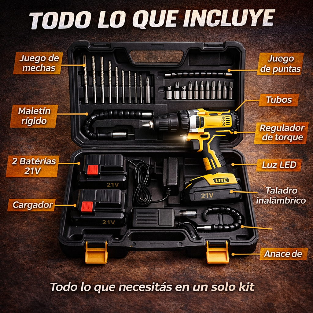 Taladro Inalambrico Industrial - 2 baterías + maletín + accesorios 🔥